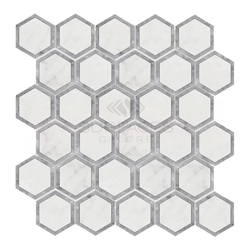 Hexagonal marble mosaic tile sheet in Oriental White and Blue-Gray polished finish