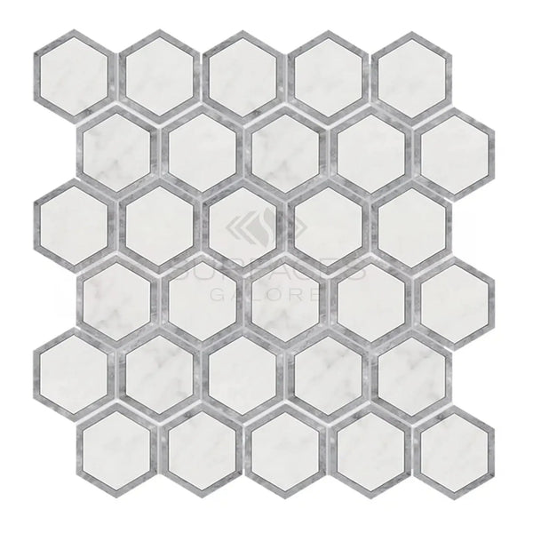 Hexagonal marble mosaic tile sheet in Oriental White and Blue-Gray polished finish