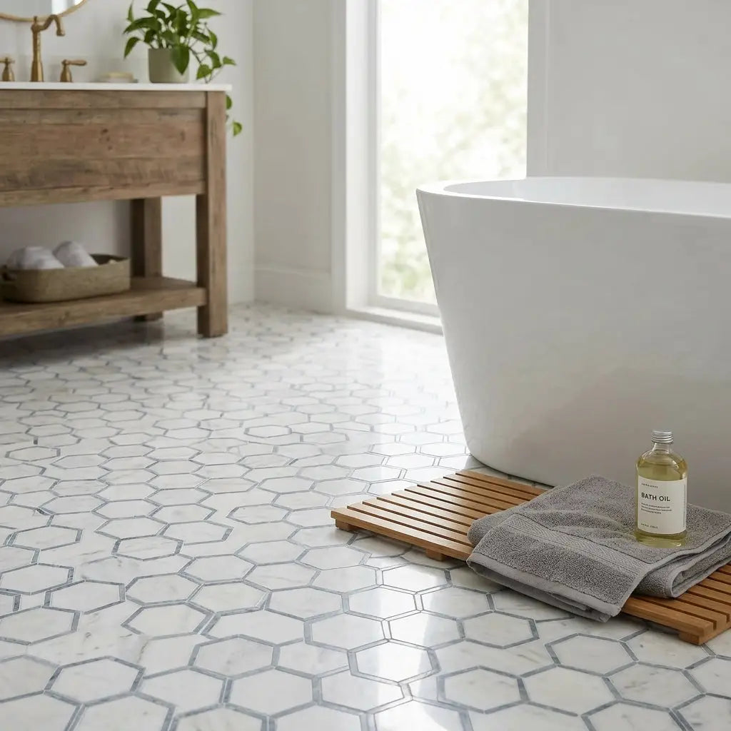 White hexagonal marble-effect floor tiles with gray grout featuring oriental white asian statuary polished finish