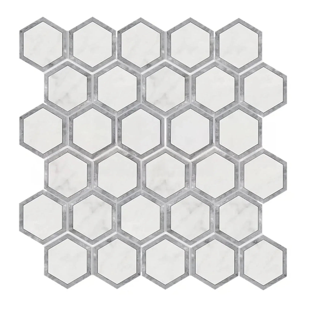 Hexagonal mosaic tile sheet in Oriental White and Blue-Gray Marble for elegant decor