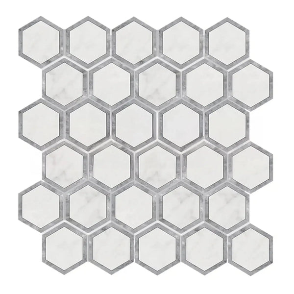 Hexagonal mosaic tile sheet in Oriental White and Blue-Gray Marble for elegant decor