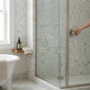Silver-finished shower door with clear glass panels and sleek modern design next to oriental white asian statuary 2x2 marble mosaic