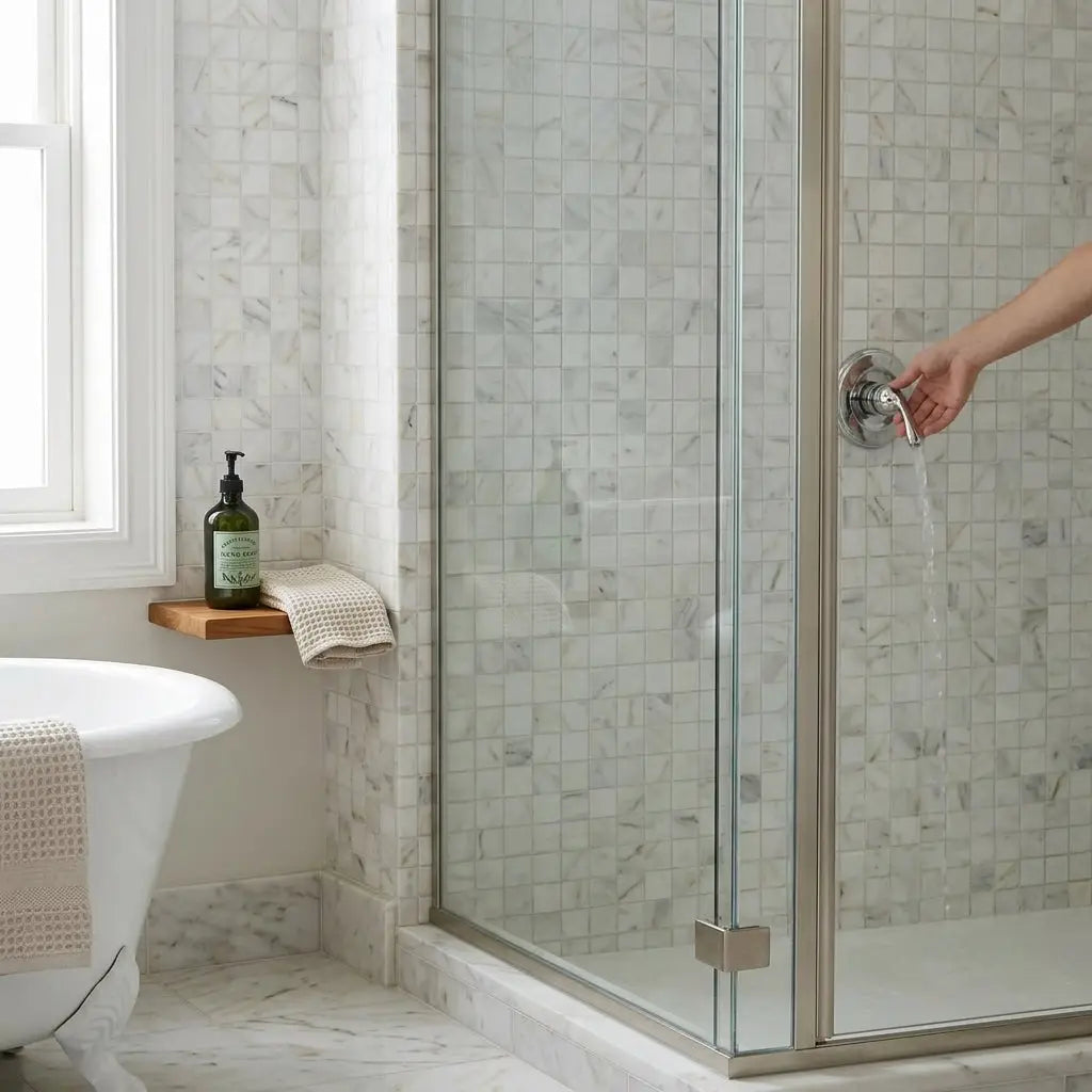 Silver-finished shower door with clear glass panels and sleek modern design next to oriental white asian statuary 2x2 marble mosaic