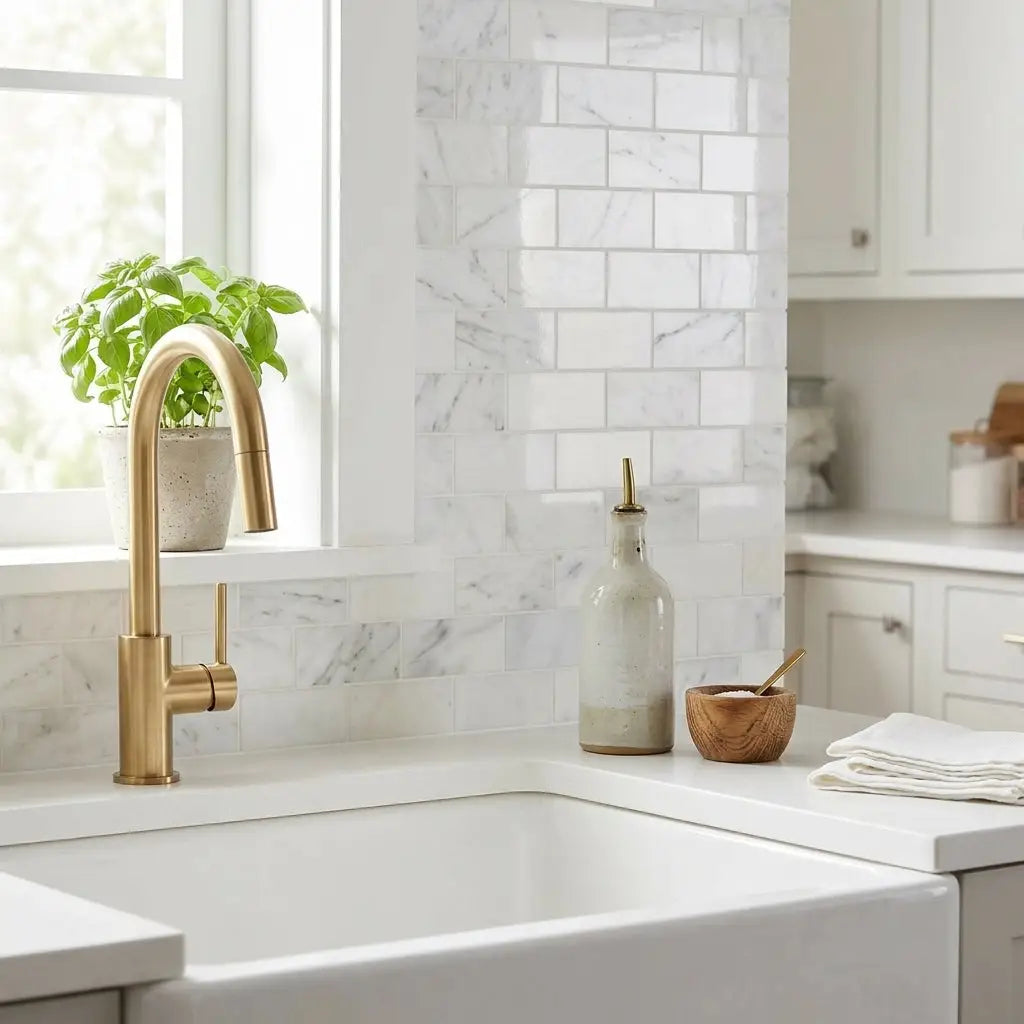 Gold-toned kitchen faucet with sleek curved spout paired with oriental white asian statuary 2x4 brick marble mosaic