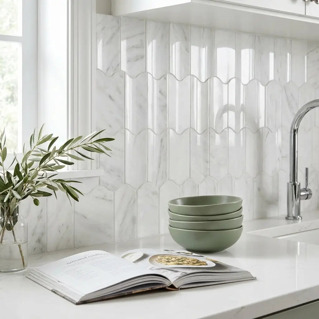 Stack of sage green ceramic bowls displayed with oriental white asian statuary 2x4 round-faced marble mosaic tile