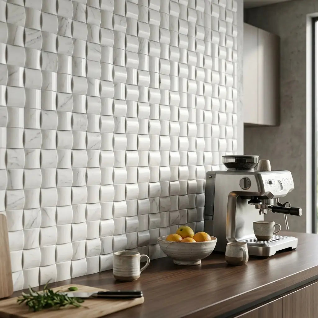 White textured tile backsplash with subtle marble pattern in oriental white asian statuary 3-D small-bread marble mosaic