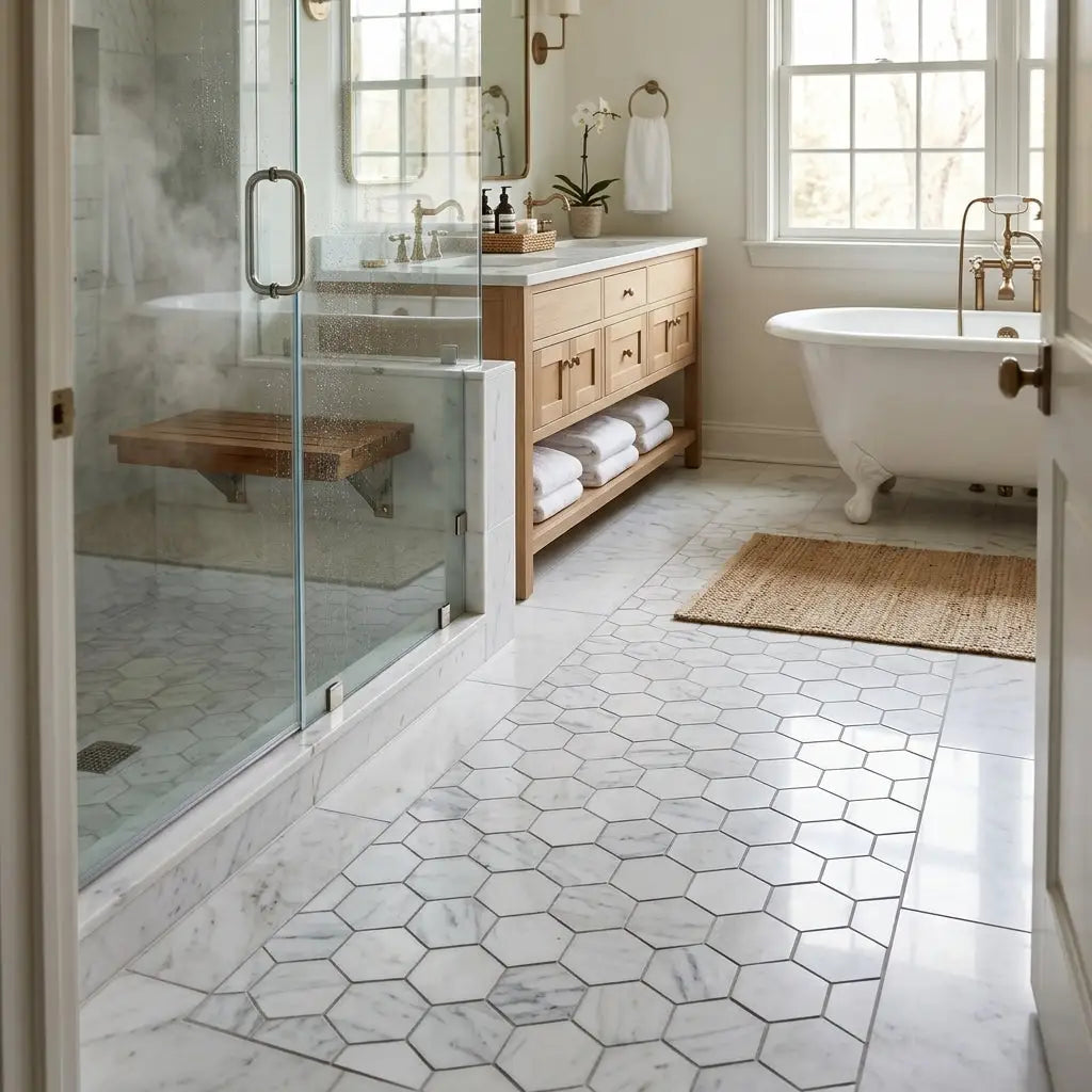 White hexagonal polished marble mosaic floor tile in oriental white asian statuary 3 inch size