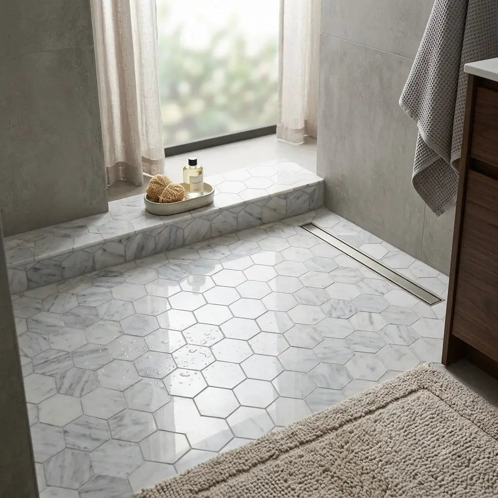 Oriental white asian statuary 3 inch hexagon marble mosaic floor tiles in polished or honed finish with subtle gray veining