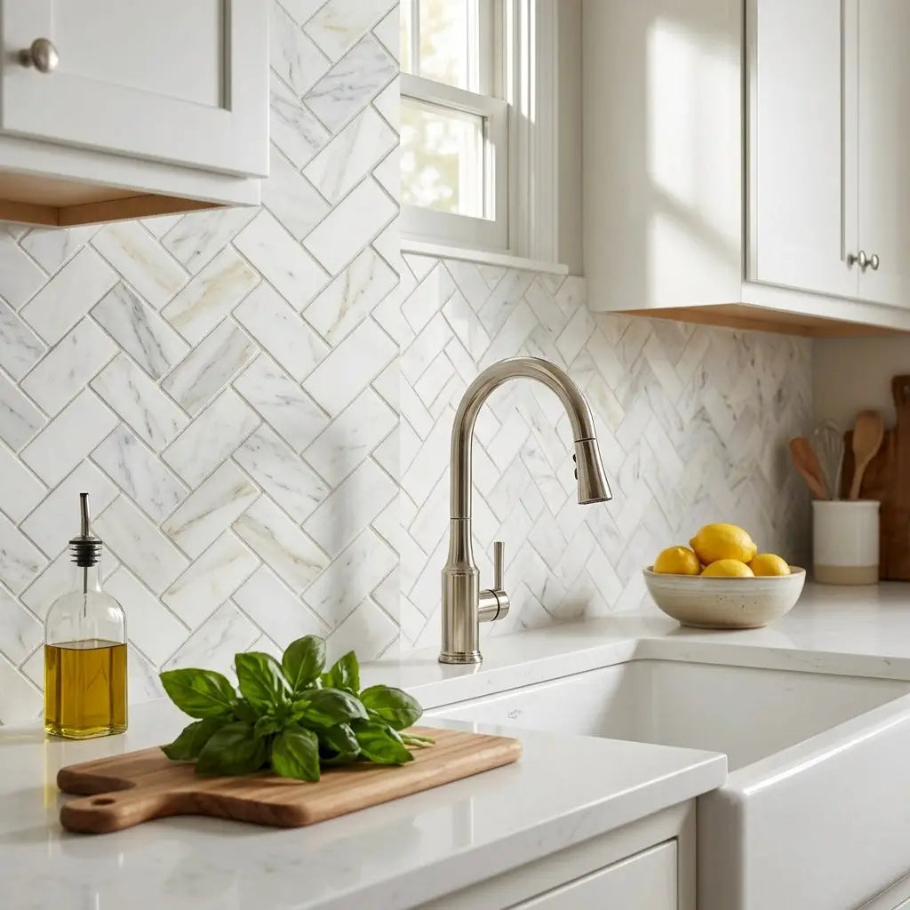 Modern farmhouse kitchen sink with white ceramic basin and brushed nickel faucet in oriental white asian statuary marble mosaic
