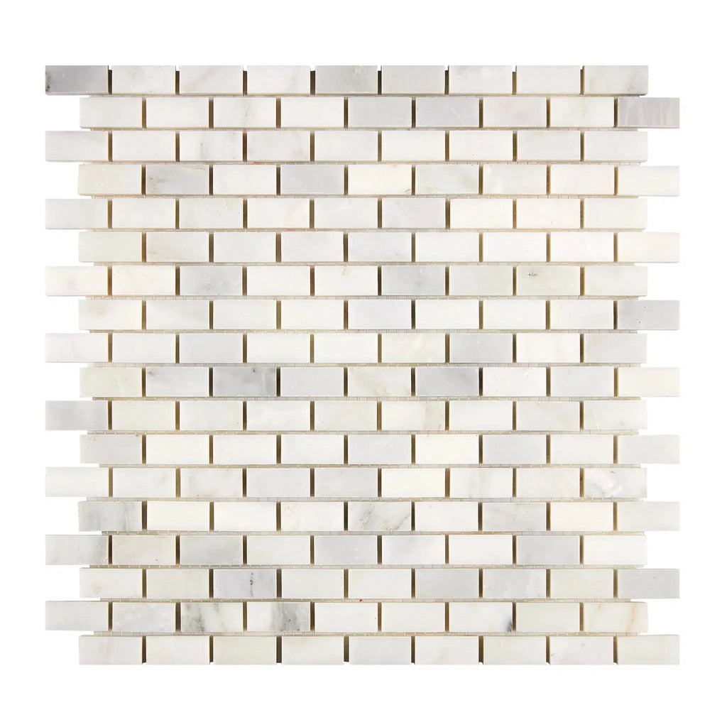 White marble brick mosaic tile in Oriental White Asian Statuary design, polished finish
