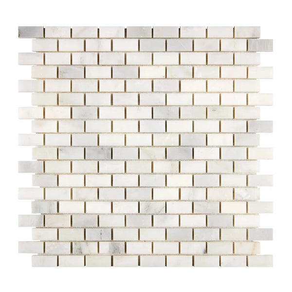 White marble brick mosaic tile in Oriental White Asian Statuary design, polished finish