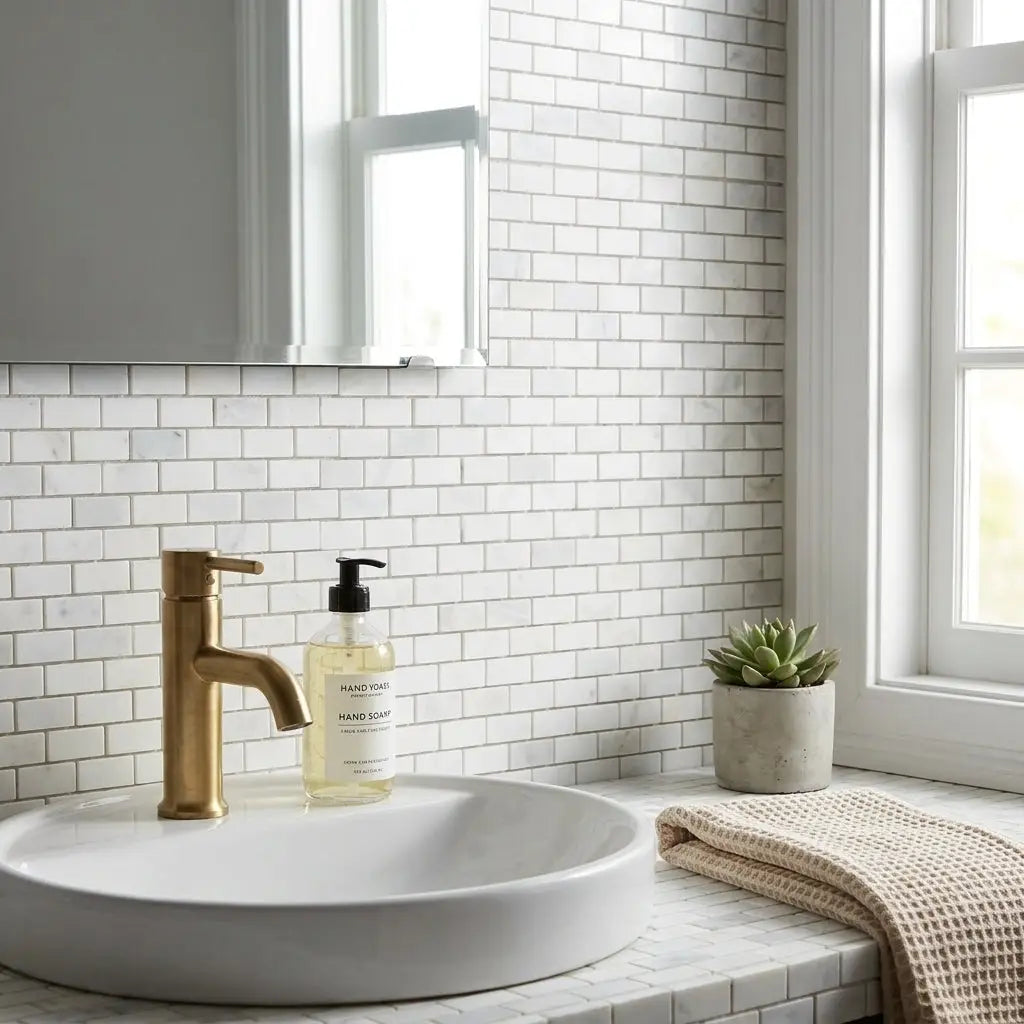 Gold-toned faucet with modern design on white ceramic sink paired with oriental white asian statuary marble mosaic