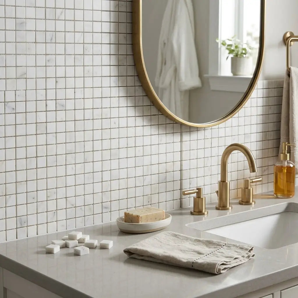 Gold-toned faucet with sleek modern design and three handles paired with oriental white asian statuary marble mosaic