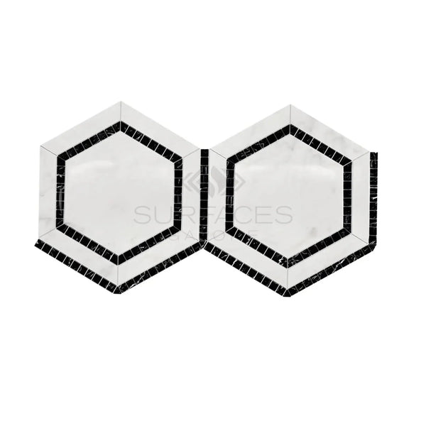 Two white hexagon tiles with black borders from Oriental White Asian Statuary Mosaic