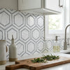 White marble mosaic backsplash with gray geometric hexagonal patterns in oriental white asian statuary 5 inch hexagon combination