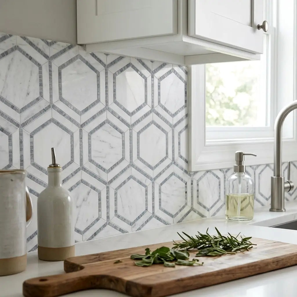 White marble mosaic backsplash with gray geometric hexagonal patterns in oriental white asian statuary 5 inch hexagon combination