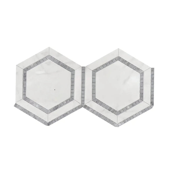 Two white and gray hexagon tiles from Oriental White Asian Statuary mosaic collection