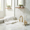 Gold-toned arched faucet with sleek modern design and brushed metal finish in oriental white asian statuary hexagon marble mosaic