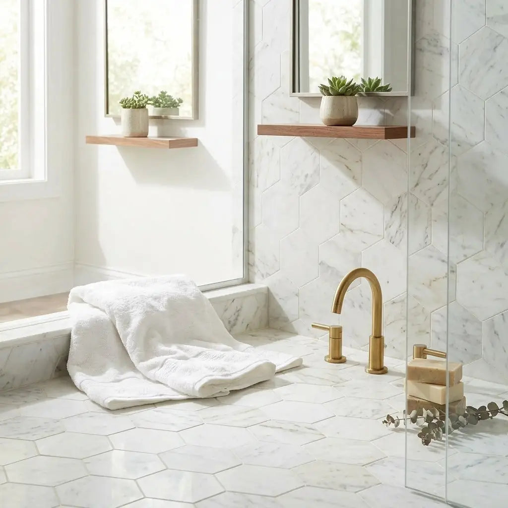 Gold-toned arched faucet with sleek modern design and brushed metal finish in oriental white asian statuary hexagon marble mosaic