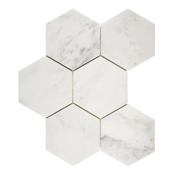 Hexagonal marble tile mosaic of Oriental White Asian Statuary in polished finish