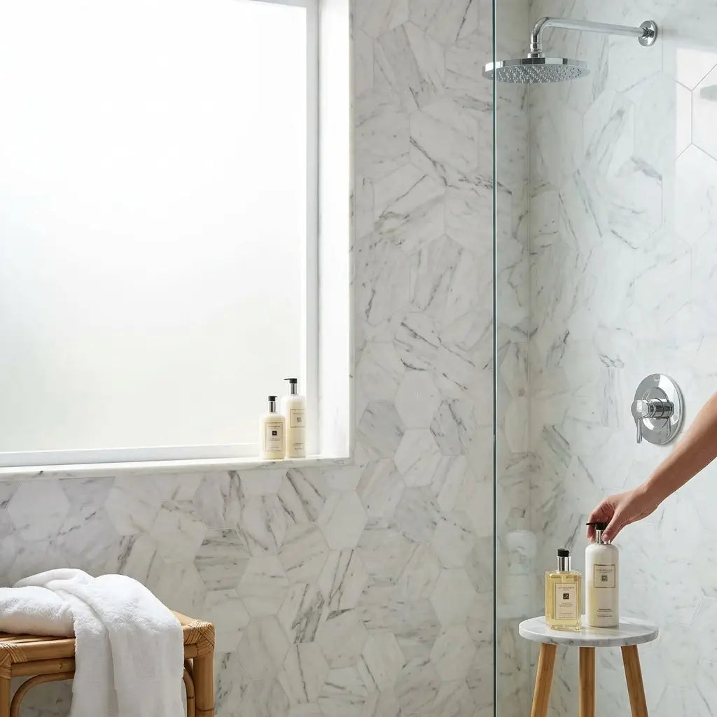 A sleek minimalist circular showerhead with polished chrome finish shown above an oriental white asian statuary hexagon marble mosaic