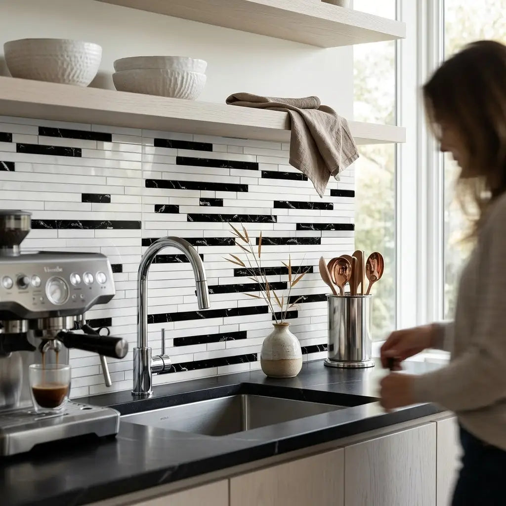 Modern black and white subway tile backsplash featuring sleek geometric pattern in oriental white asian statuary marble mosaic