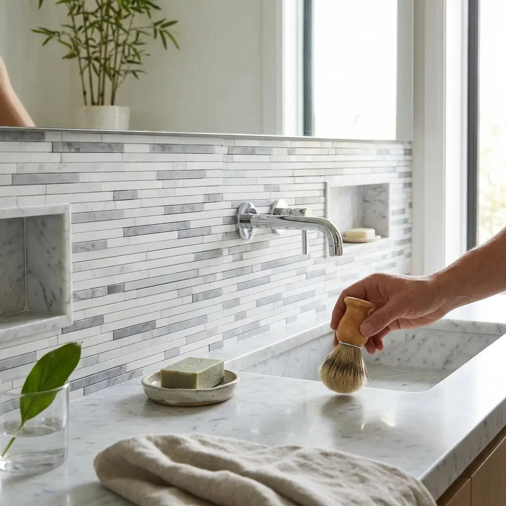A wooden-handled shaving brush with natural bristles held near a polished oriental white asian statuary bamboo sticks marble sink