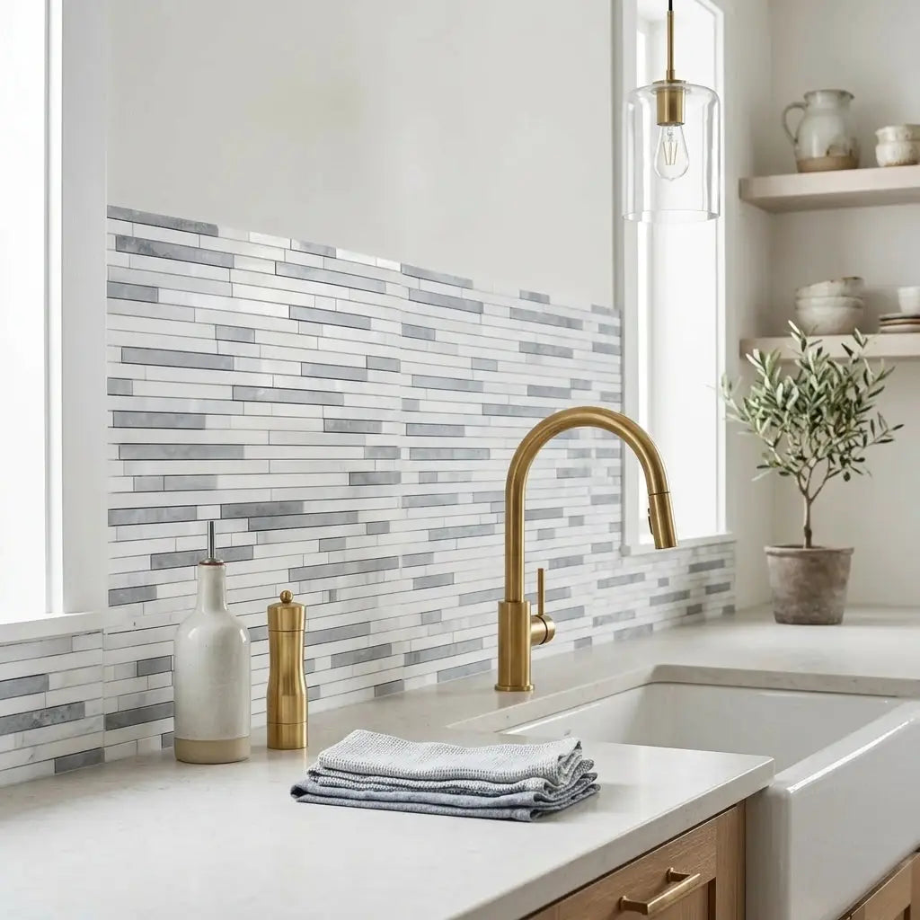 Gold-finished kitchen faucet with curved spout and single handle installed above oriental white asian statuary bamboo sticks marble mosaic