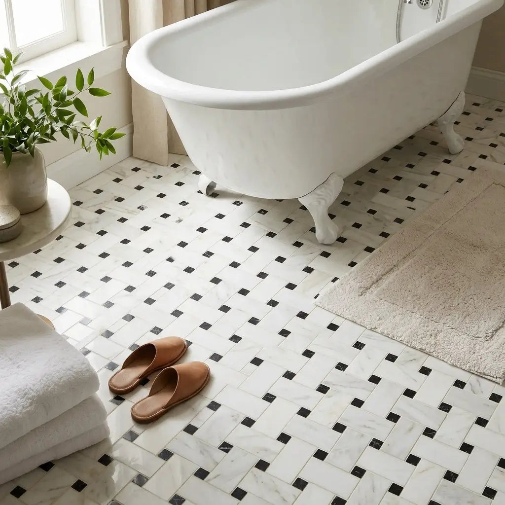 White clawfoot bathtub with elegant curved edges and classic pedestal legs beside oriental white asian statuary basketweave black marble mosaic