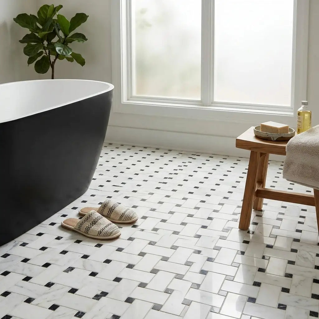 Black freestanding bathtub with sleek modern design shown with oriental white asian statuary basketweave marble mosaic