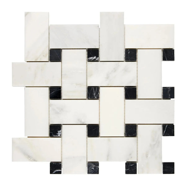 Interlocking white and black marble tile in Oriental White Asian Statuary Basketweave design