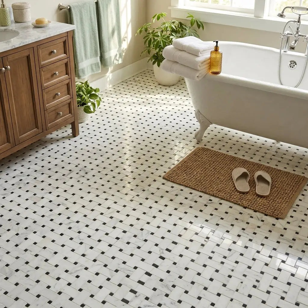 White and black mosaic tile floor with woven texture pattern in oriental white asian statuary basketweave with black marble polished or honed