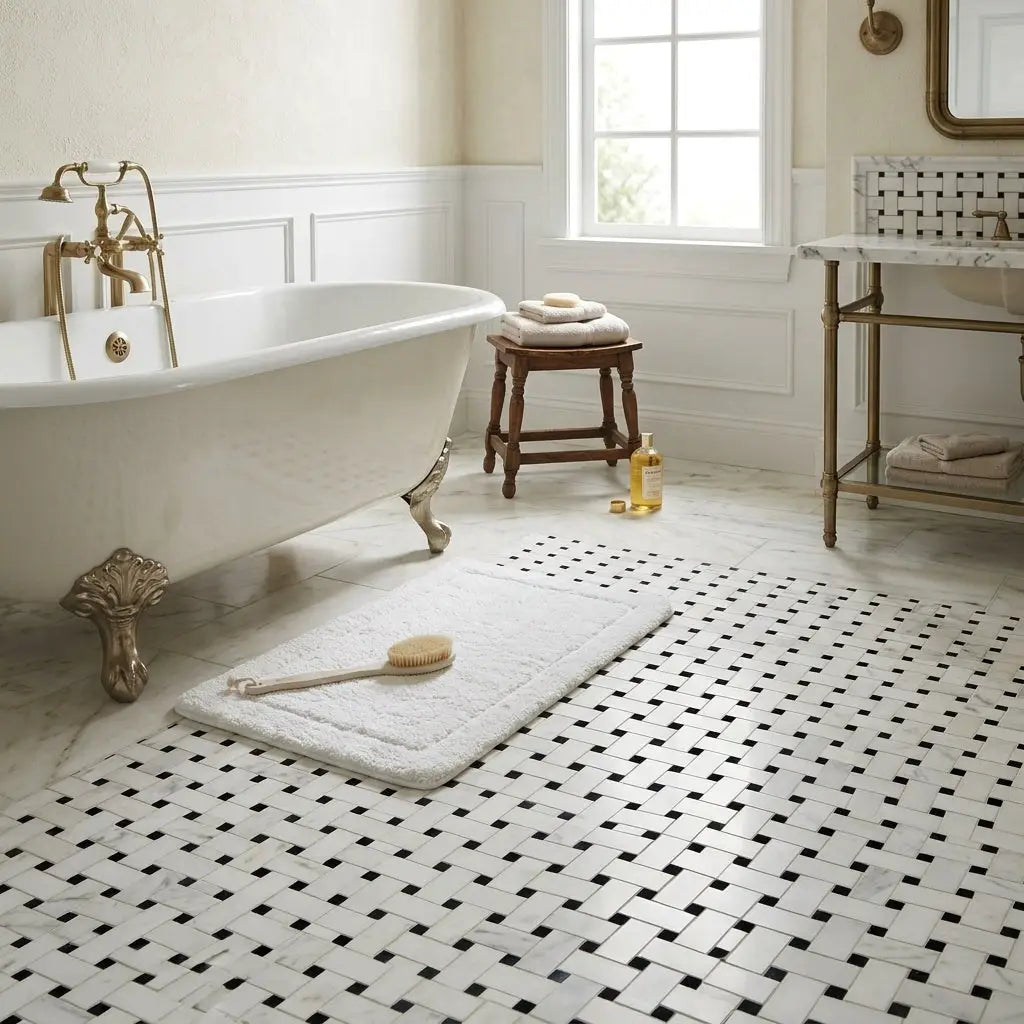 Oriental white asian statuary basketweave bath mat with plush texture and wooden brush on black marble mosaic surface