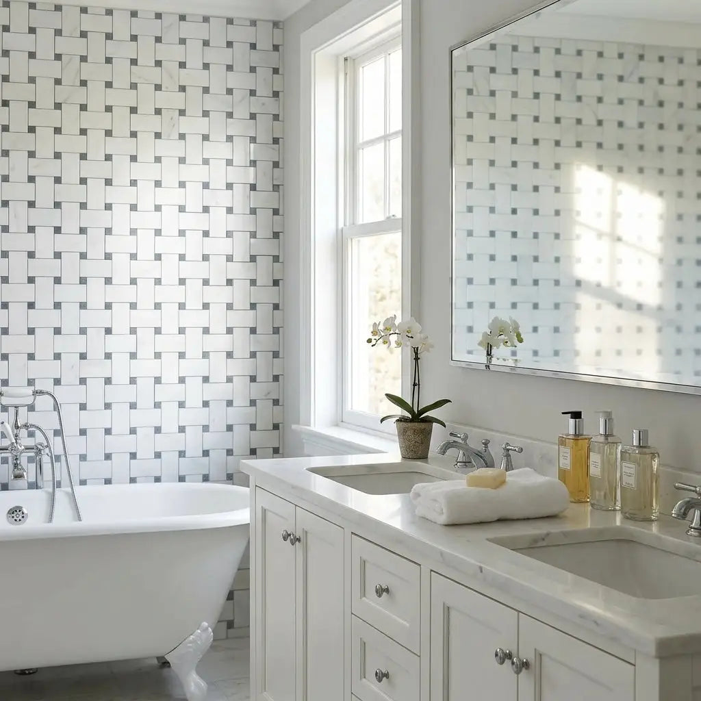 White marble bathroom vanity with dual sinks and silver hardware featuring oriental white asian statuary basketweave mosaic
