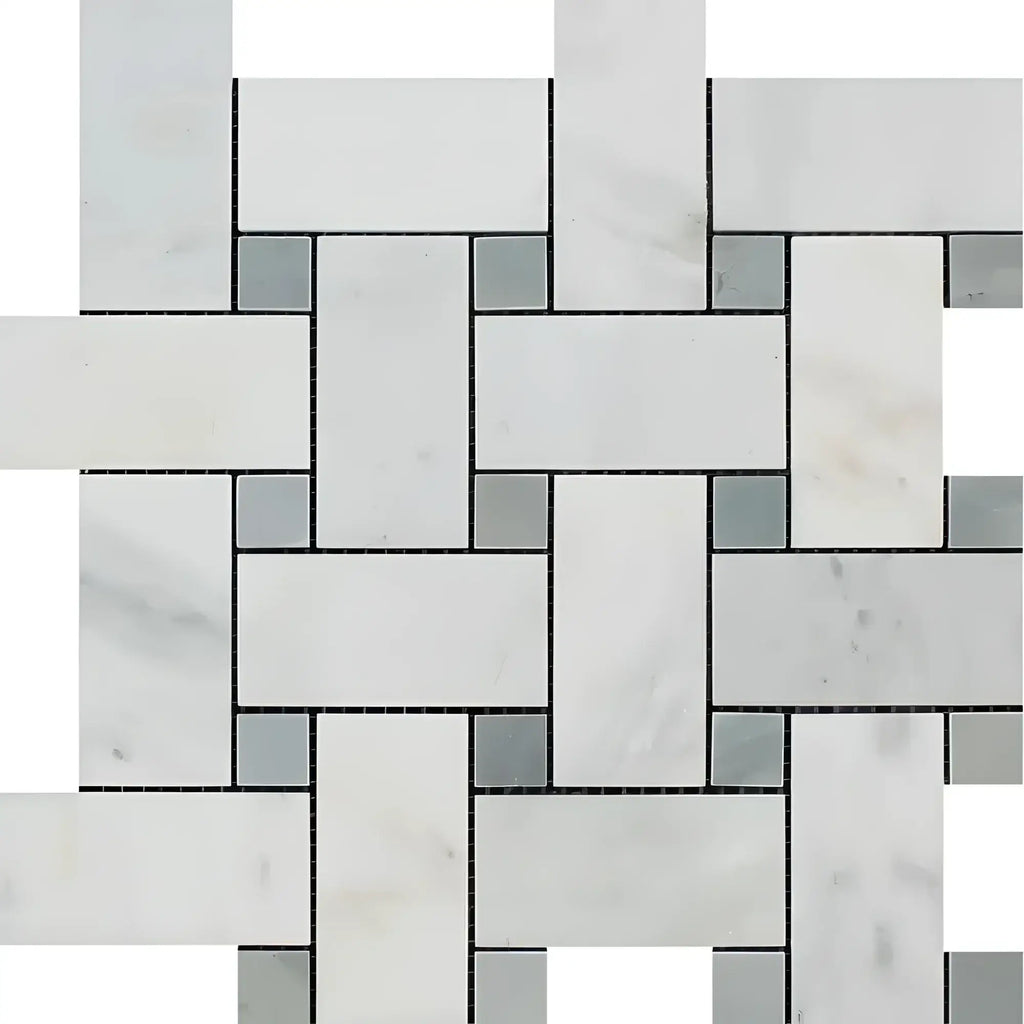 Basketweave marble tile pattern in Oriental White and Blue-gray stone mosaic