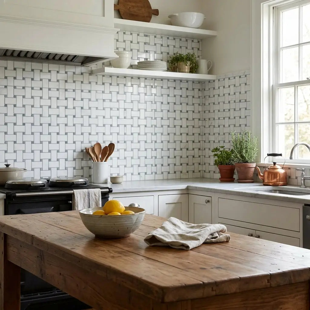 A rustic light gray ceramic bowl with bright yellow lemons on a wooden countertop and an oriental white asian statuary basketweave with blue gray marble mosaic polished or honed surface