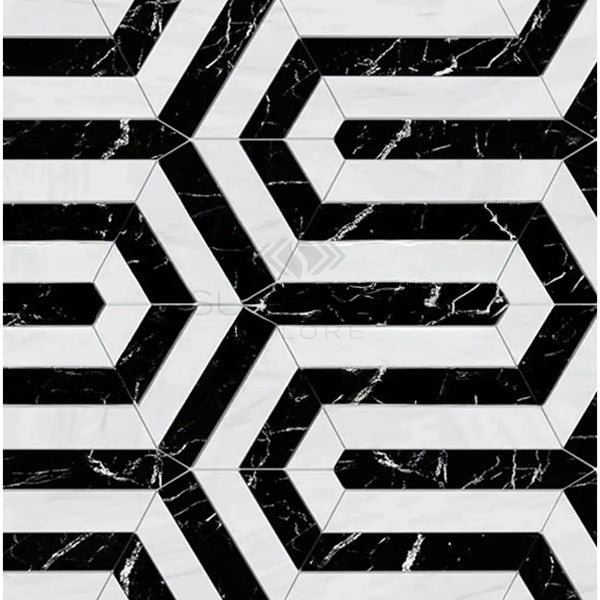Black and white geometric tile pattern in Oriental White Asian Statuary Berlinetta design