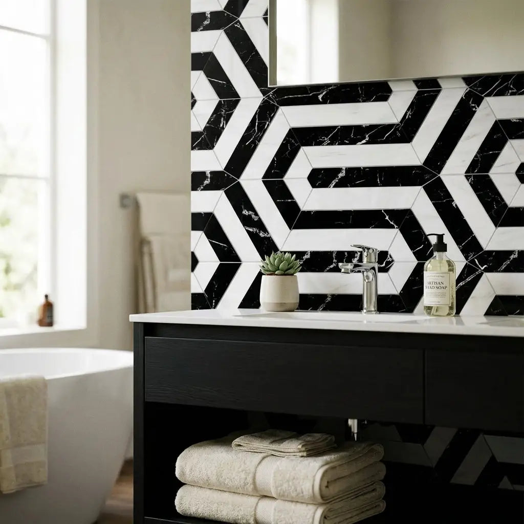 Black and white geometric hexagonal oriental white asian statuary berlinetta design backsplash with black marble mosaic
