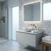 White ceramic vessel sink with oriental white asian statuary berlinetta design and blue-gray marble mosaic on white vanity