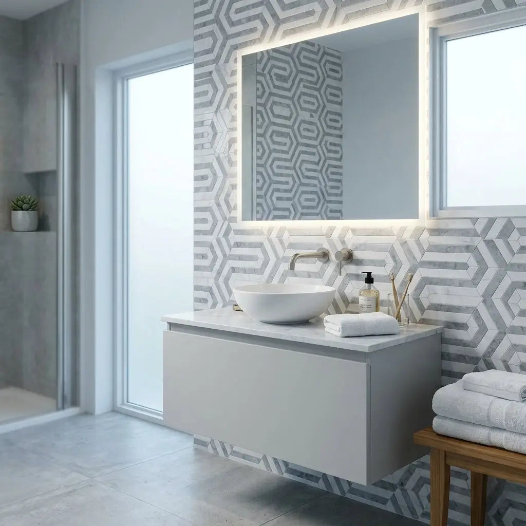 White ceramic vessel sink with oriental white asian statuary berlinetta design and blue-gray marble mosaic on white vanity