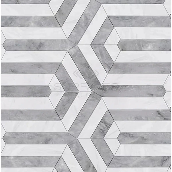 Geometric marble tile pattern in Oriental White/Asian Statuary Berlinetta design