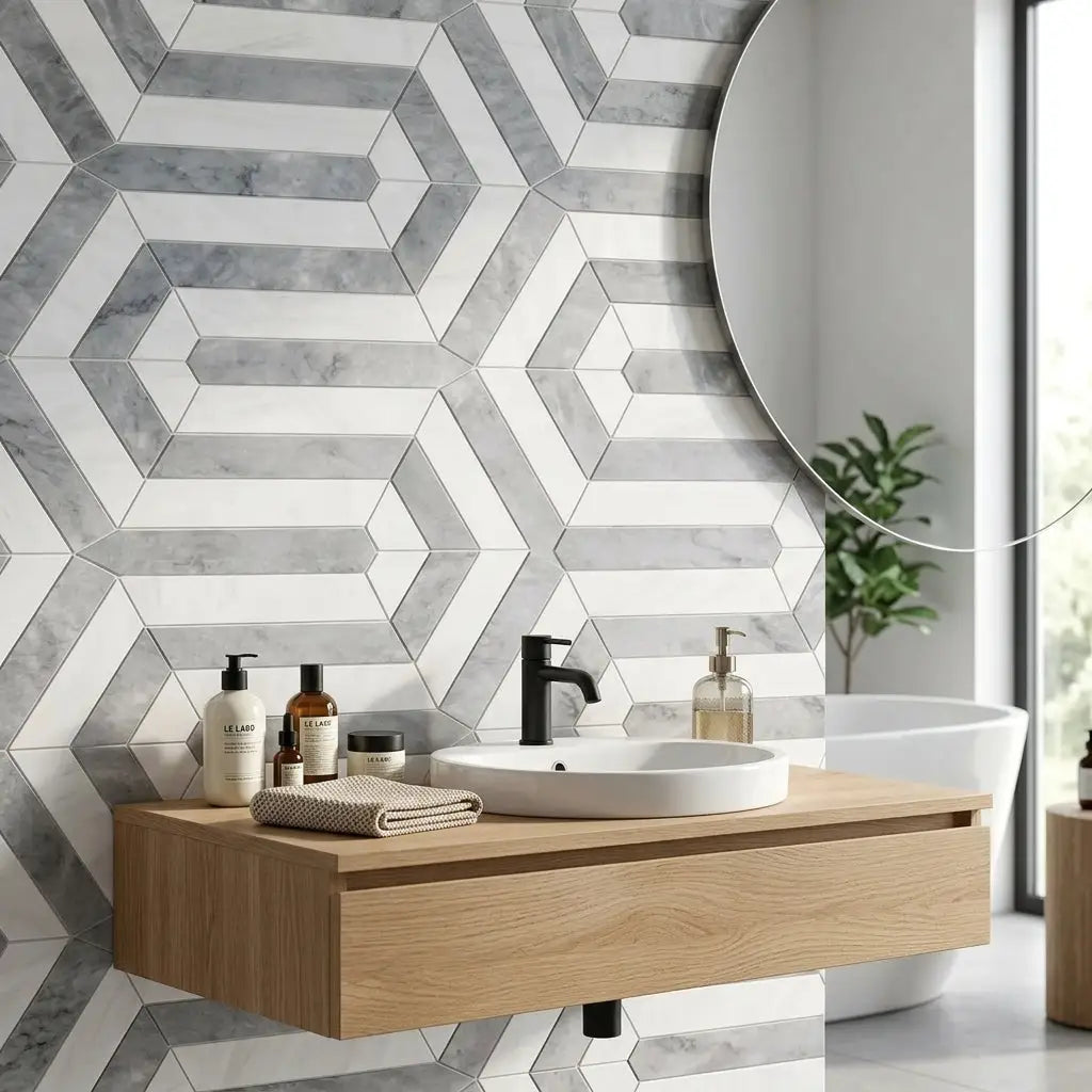 Modern white ceramic vessel sink with sleek black faucet on light oak floating vanity oriental white design with blue-gray marble mosaic