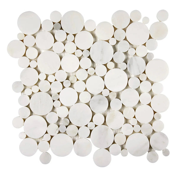 White marble circle mosaic in Oriental White Asian Statuary Bubbles Marble Mosaic