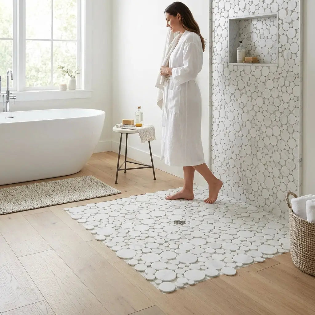 White circular mosaic bath mat in oriental white asian statuary bubbles marble with a subtle textured surface
