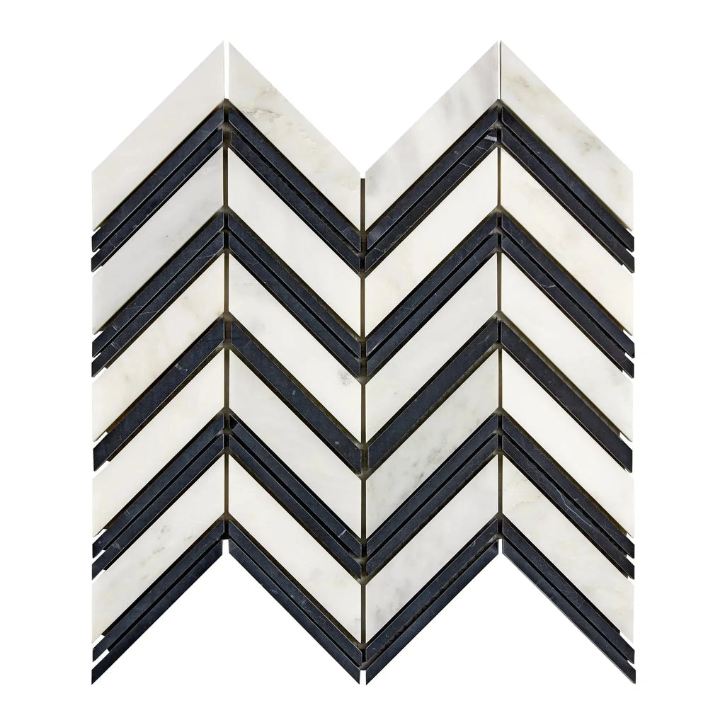 Chevron-patterned black and white tile from Oriental White/Asian Statuary Marble Mosaic