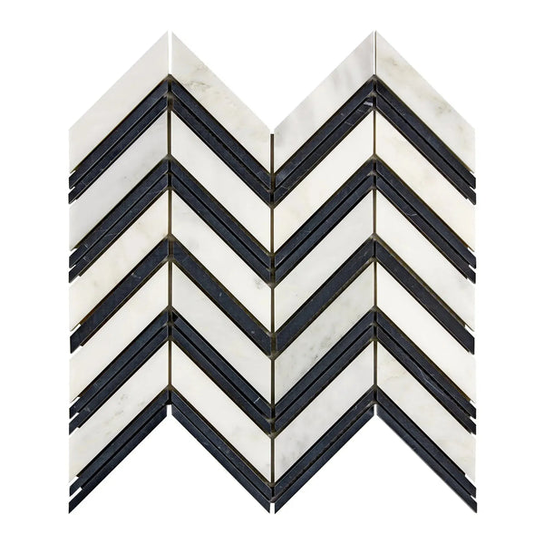 Chevron-patterned black and white tile from Oriental White/Asian Statuary Marble Mosaic