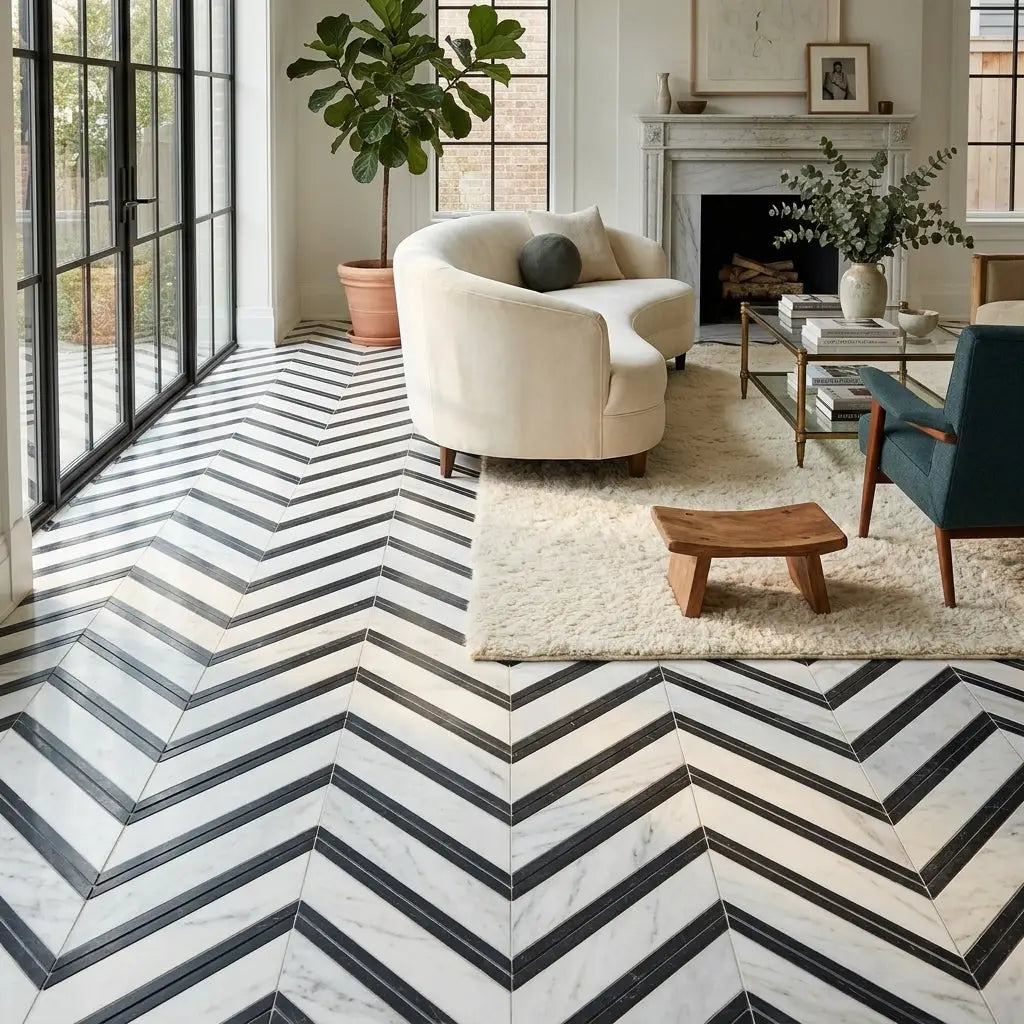 Black and white marble herringbone floor tiles in oriental white and asian statuary chevron mosaic polished finish