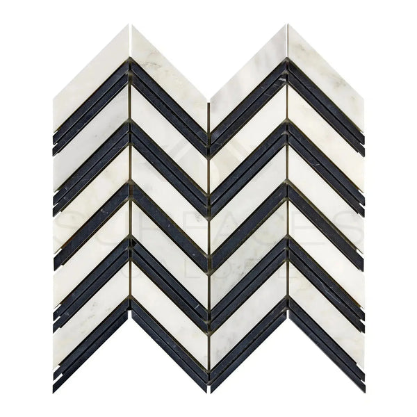 Chevron patterned Oriental White and Black marble tile in polished or honed finish