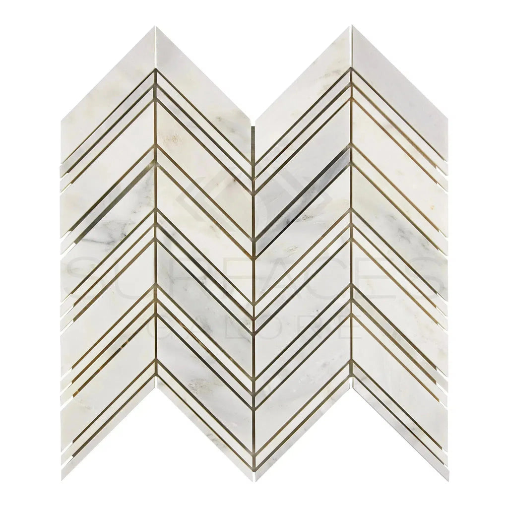 Chevron patterned marble tile in Oriental White/Asian Statuary finish, polished or honed