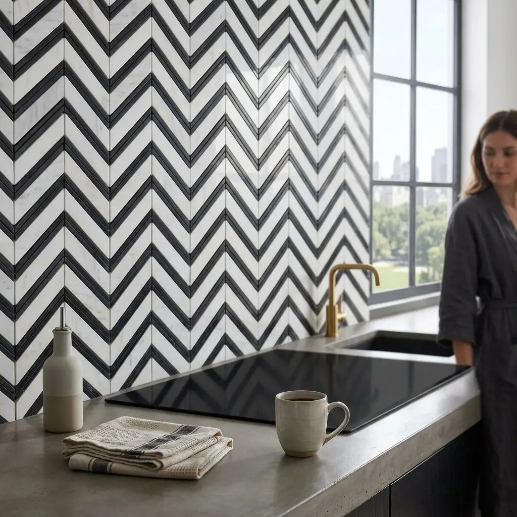 Black and white chevron patterned oriental white asian statuary marble mosaic backsplash tiles polished or honed